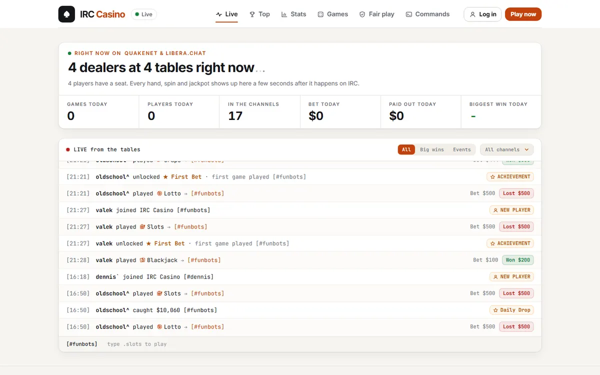FunBots live tables page
